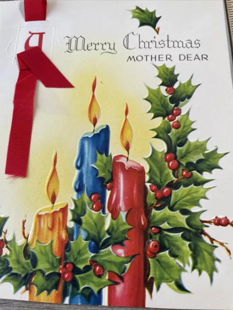 Vtg Unused Christmas Card Candles  MCM Mother Dear Ribbon Red Blue Yellow