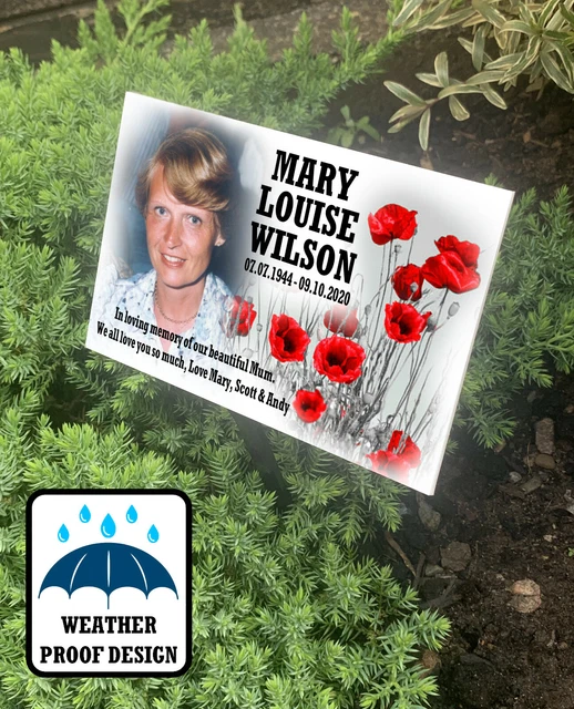 Grave marker, Tree stake plaque, Cemetery or garden use, Poppy floral memorial