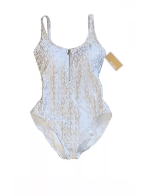 White Michael Kors silver Logo Zip-Front one Piece swimsuit Size 10- $124 NWT