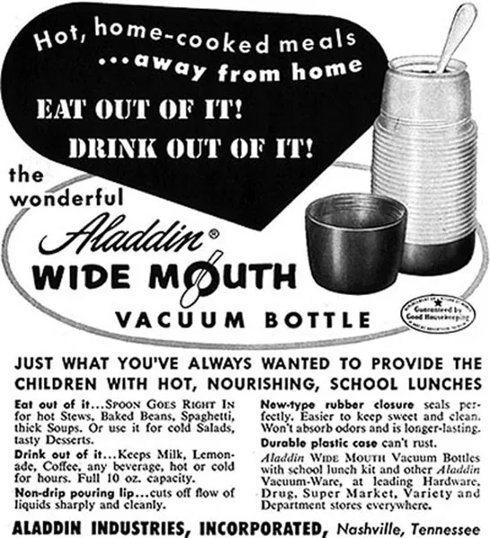 Aladdin Wide Mouth Vacuum Bottle EAT & DRINK OUT OF IT 1952 Magazine Ad
