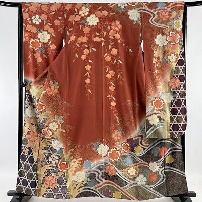 Japanese kimono SILK"FURISODE" long sleeves, Gold/Silver leaves, SAKURA,63".2820