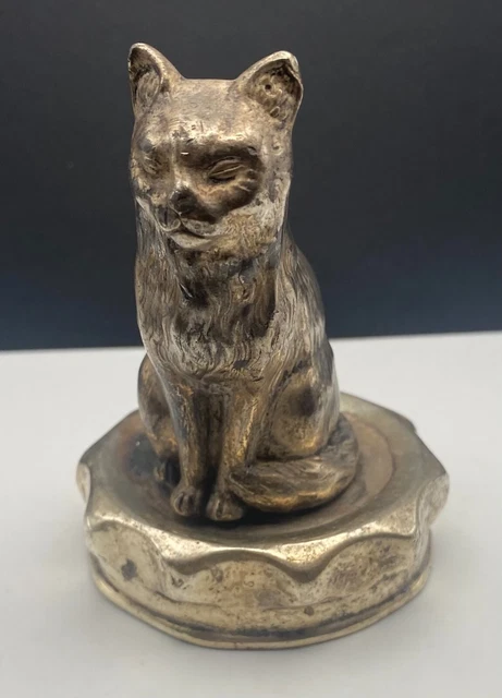 Unusual Victorian Silverplate Cat Figurine Bottle or Jar Lid