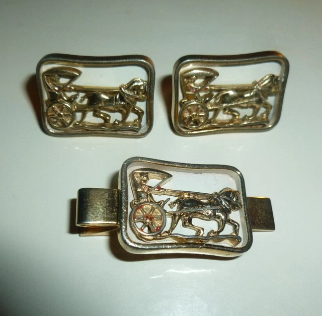 Vintage Anson Horse Carriage Cufflinks Set & Tie Necktie Bar Clip Rare