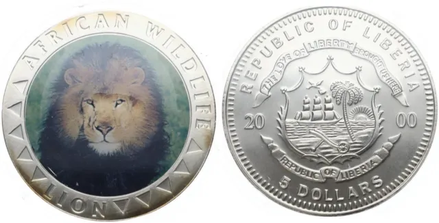 Liberia - 5 Dollars 2000 Afrikanische Tierwelt - Löwe - Farbmünze UC# 251