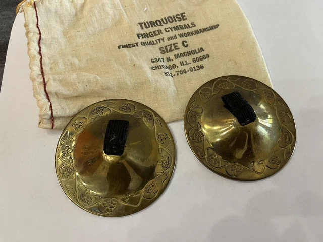Vintage Brass Finger Cymbals Percussion Belly Dancer 2 Piece Set Turquoise Sz C