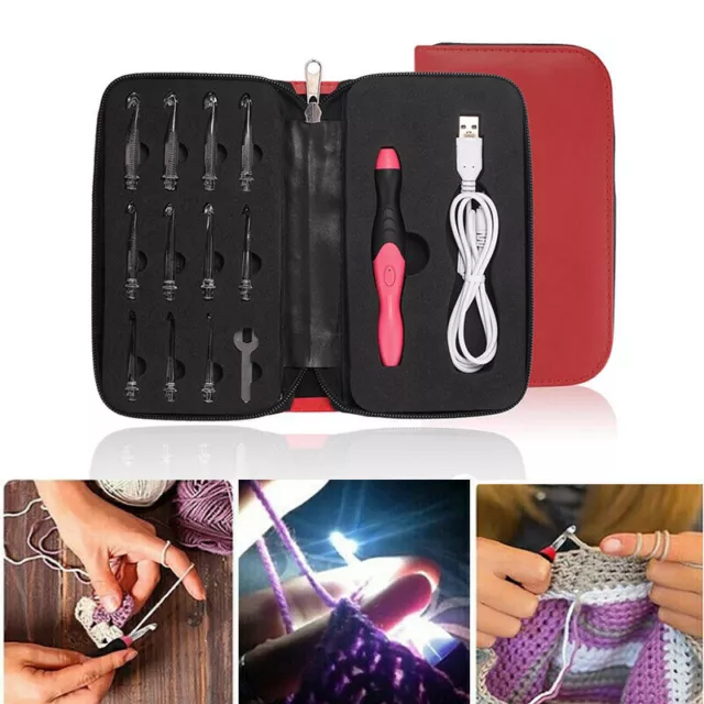 11 In 1 USB Light Up LED Knitting Crochet Needles Kit Tool Sweater Sewing Set AU