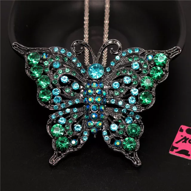 Betsey Johnson Bling Blue AB Rhinestone Butterfly Crystal Pendant Chain Necklace