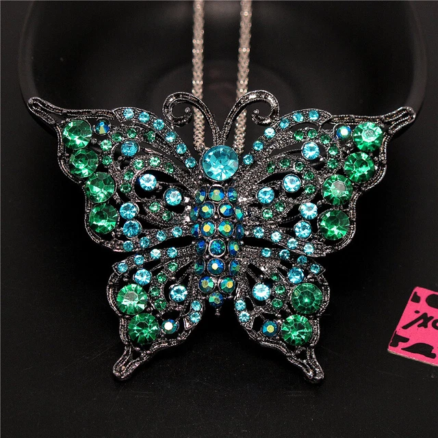 Fashion Women Bling Blue AB Rhinestone Butterfly Crystal Pendant Chain Necklace