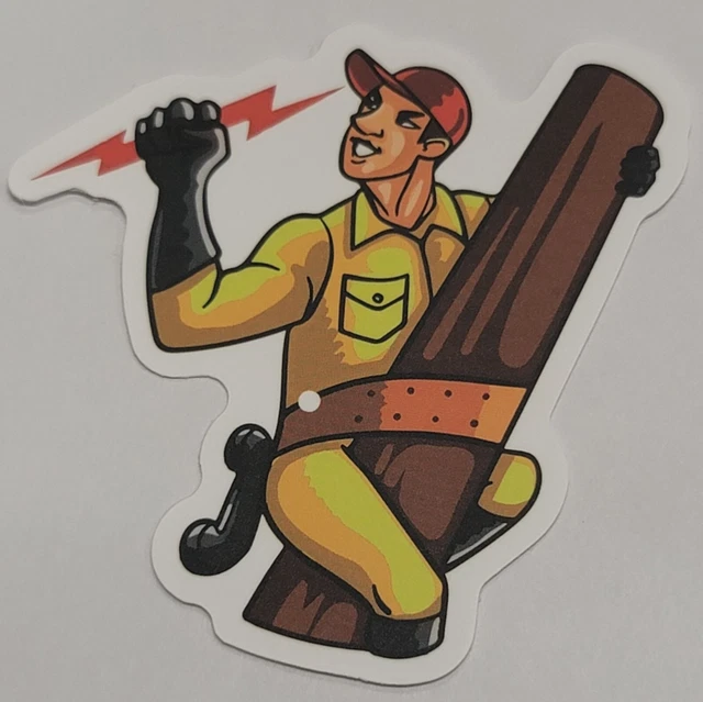 LINEMAN ON POLE with Lightning Bolt in Hand Multicolor Cartoon Sticker