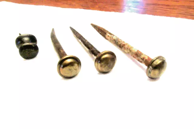 4 Original, 18th to Early 19th Century Hand Forged Nails with Custom Brass heads