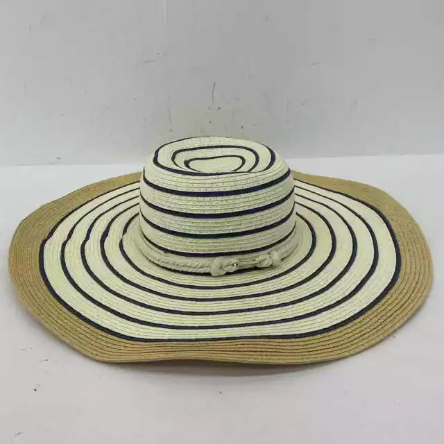 Calvin Klein White Tan Black Striped Straw Sun Hat - Women's One Size