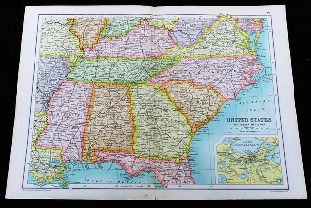 ANTIQUE MAP OF The United States of America Southern States Georgia ...