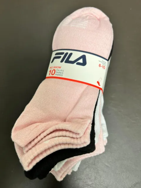 10 Pair Pack. FILA Women's Socks No Show Athletic Mesh Size 6-10 Pink Blk/Wht