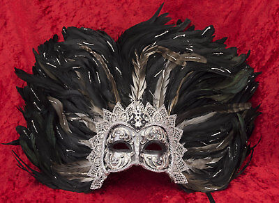 Mask from Venice Colombine Black Silver IN Feathers Of Rooster Paper Mache 22420