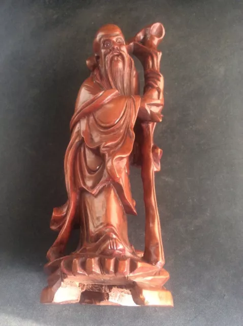 Superb Vintage Chinese Handcarved Wooden Statue Figure Immortal God Shou Lao 8”