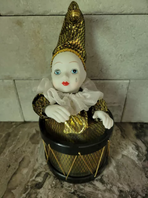 Vintage Music Box "Send in the Clown" Musical Clown Jester in a Drum 8.5" Tall