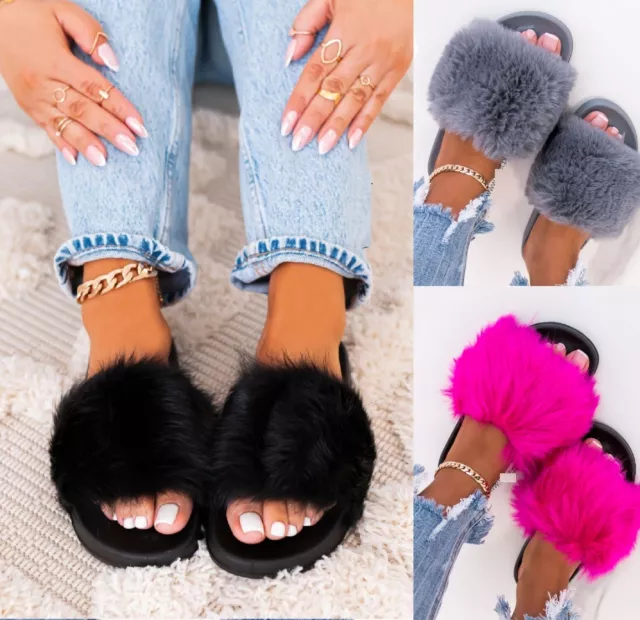 Womens Ladies Faux Fluffy Fur Sliders Warm Fashion Slip On Muler Slippers Shoes