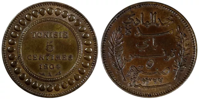 Tunisia Muhammad IV Bronze AH1322//1904 A 5 Centimes BROWN UNC KM# 228 (20 651)