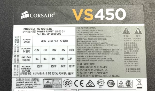 Corsair VS450 ATX 450W PC-Netzteil/Power Supply 20+4 Pin (75-001835/CP-9020096) 2