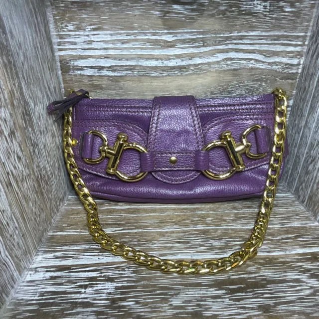 HYPE Leather Purple Gold Shoulder Bag Cuban Link Chain Strap Purse 10x5x2