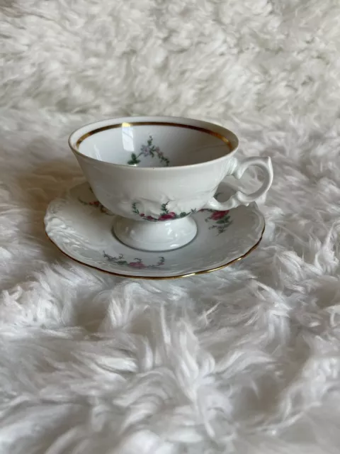 Royal Kent Poland Footed Tea Coffee Cup Saucer Set Bavarian Rose Gold Trim Vtg