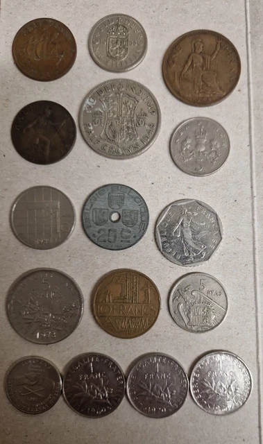 16x Coin Bundle Joblot 1917 - 2004 penny, franc, cent, half crown, ptas,shillin