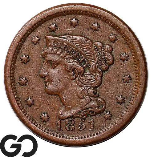 1851 Large Cent, Braided Hair, Choice AU+ Early Date Copper