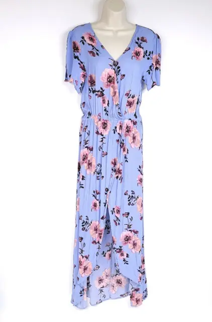 Miami Womens Maxi Romper Dress M Blue Floral Short Sleeve V Neck