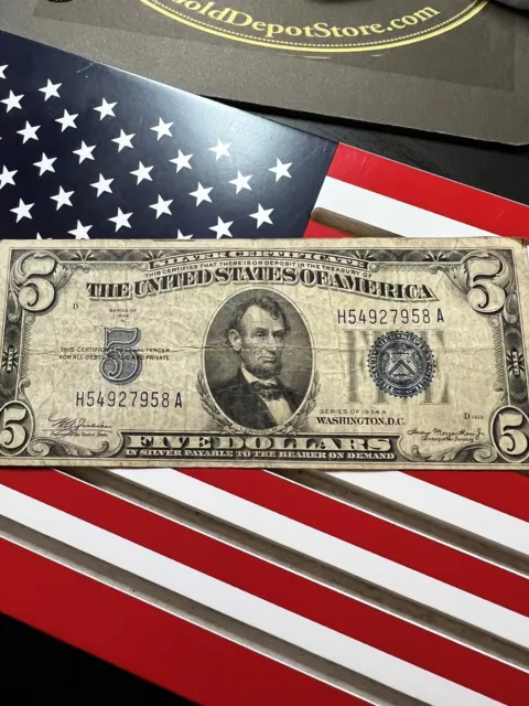 1934 A $5 Five Dollar Silver Certificate Blue Seal Nice Note H54927958A