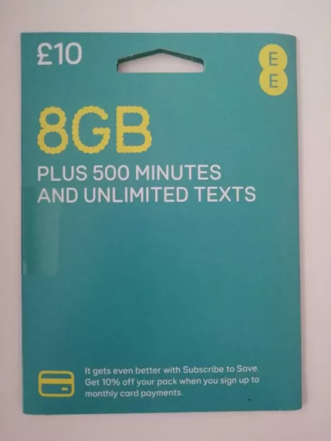 EE 4G £10 Data Pack Combi Sim PAYG 8GB Data Unlimited Texts 500 mins ZERO CREDIT