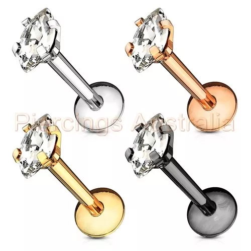 16G Oval CZ Internally Threaded Labret Monroe Lip Bar Ring Body Jewellery