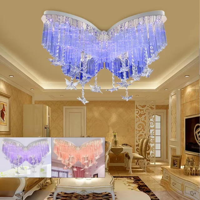 Crystal Flush Mount Fixture Butterfly LED Chandelier Girls Bedroom Ceiling Light