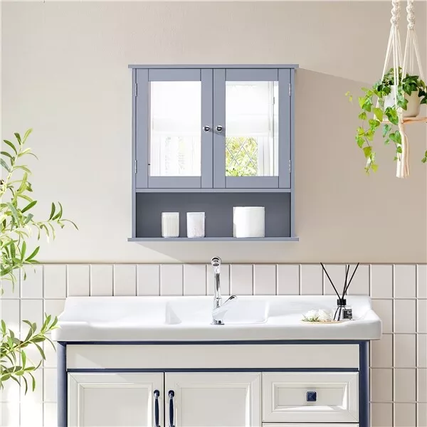 Armario de Pared Baño con Espejo 56x13x58 cm con 2 Puertas Gabinete Colgar Gris