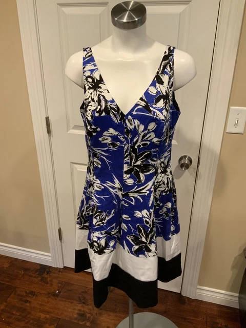 Lauren Ralph Blu & Bianco Stampa Floreale Scollo A V Mini Abito , Misura 10