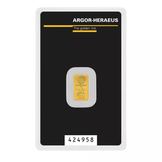 1 Gram 999.9 Gold Argor - Heraeus Kinebar Minted Bullion Certified Ingot Bar