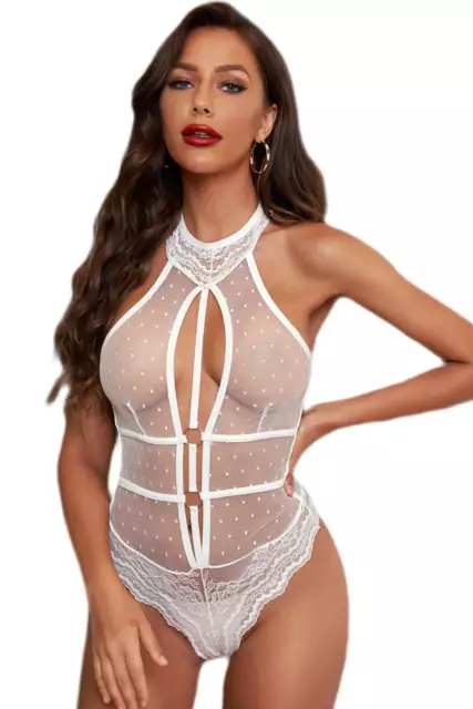 White Lace Sexy Plus Size Lingerie Bodysuit Teddy One Piece Bridal Bride  Fitted