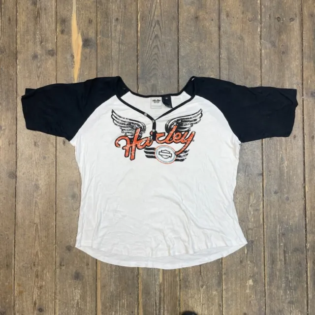 Harley Davidson T-Shirt Henley Short Sleeve Biker Graphic Tee, White, Womens XL