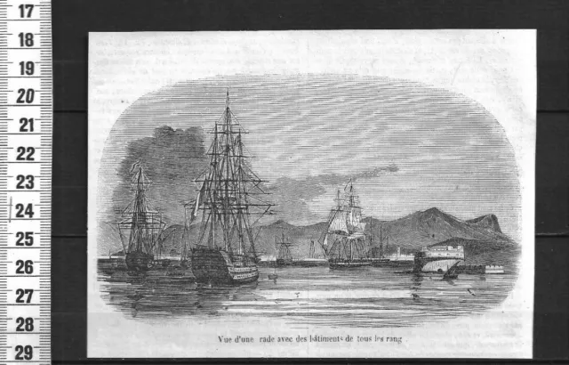 G214 / Gravure 1850 /  Vue D Une Rade Avec Des Batiments De Tous Les Rang