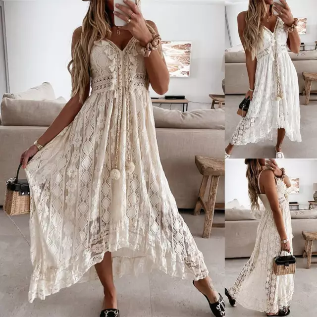 Womens Lace Boho Strappy Maxi Dress Ladies Summer Holiday Beach Floral Sundress