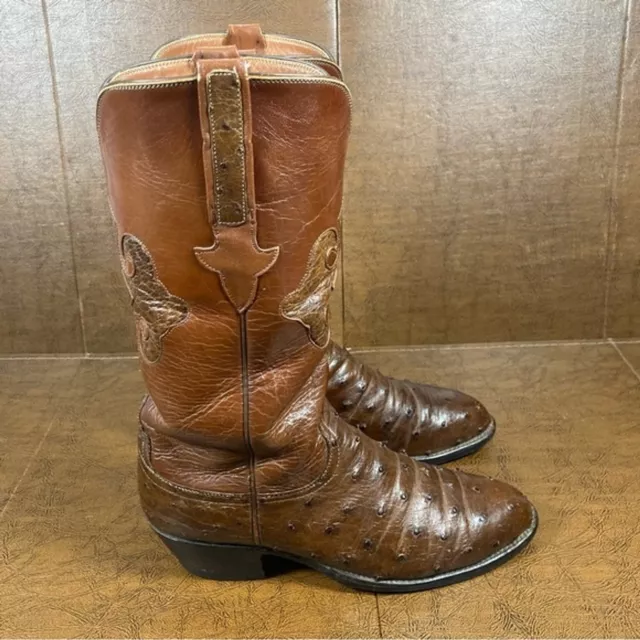 Lucchese Ostrich Full Quill Brown Leather Vintage Handmade Western Boots, size 8