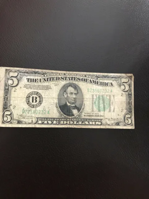 1934 $5 LIGHT GREEN SEAL VIVID COLOR FIVE DOLLAR $5 Federal Reserve Note 1934