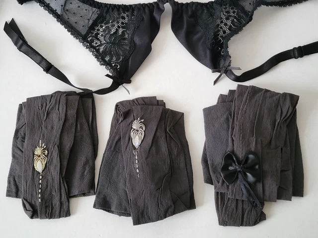 *3 Vintage Stockings*Crystal/Satin Bow*Barely Black*Small + Lovable Suspenders*