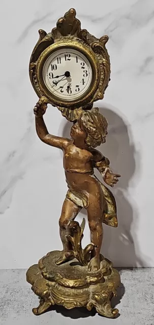Antique Bronze? Figural Cherub Holding Clock Runs Pat 1891 Art Nouveau 12"Tall