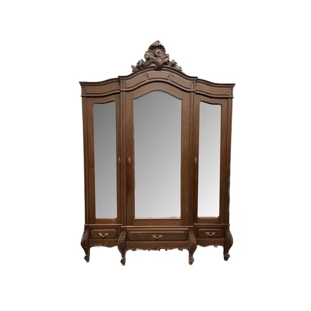 Antique French Louis XV oak triple door/mirrored armoire/wardrobe with drawers