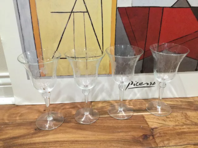 4 Colony 1976 Clear etched Floral lily of the valley Water wine Goblet Glass