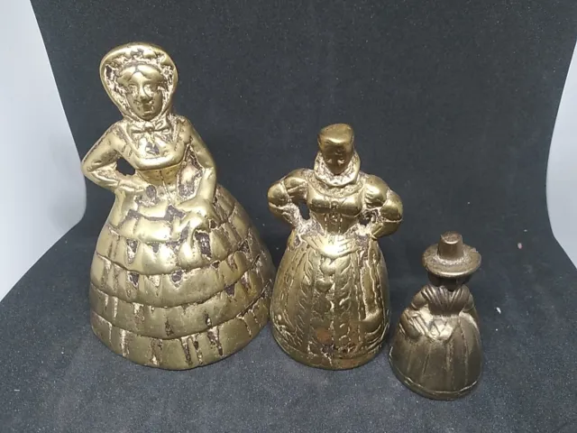 3 Items 2 BRASS LADY FIGURES + Small Brass bell Welsh lady JOB LOT METALWARE