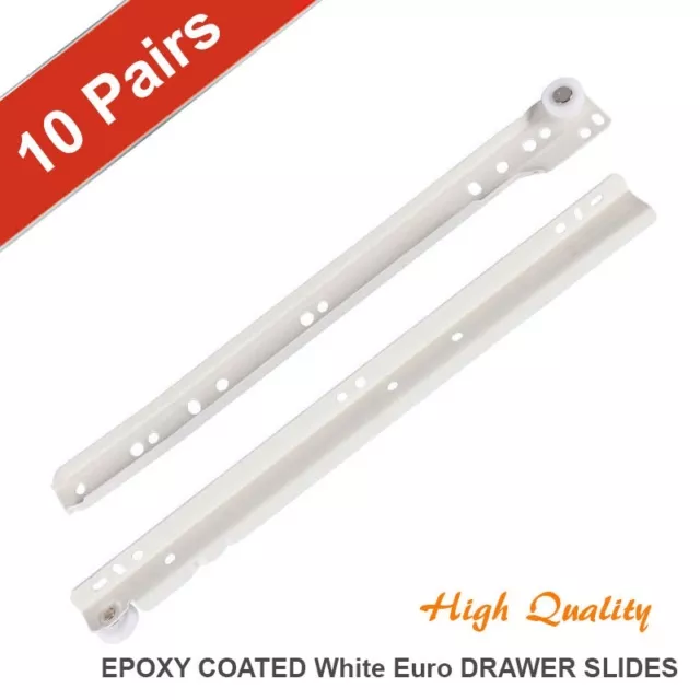 [Pack of 10 Pairs] 12-22" Epoxy Coated White Euro Drawer Slides Kitchen Closet