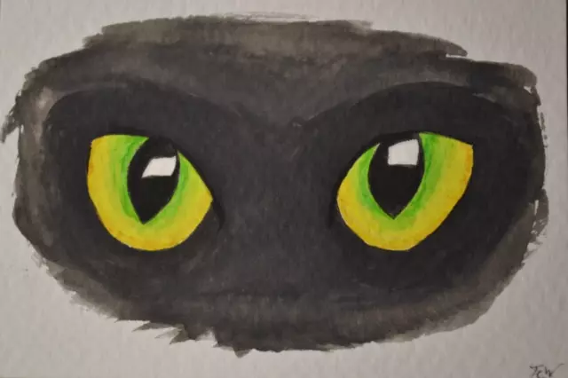 ACEO Original Art Card, Yellow Green Cat Eyes, Watercolor, Hand Painted, #1 of 5