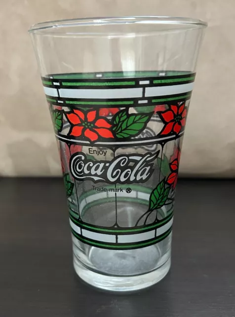 Vintage Coca-Cola Glass | Stained Glass Poinsettia | Seasons Greetings Christmas