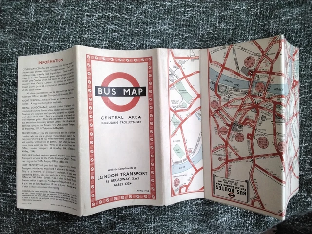 LONDON TRANSPORT BUS Map Central Area Including Trolleybuses April 1952 